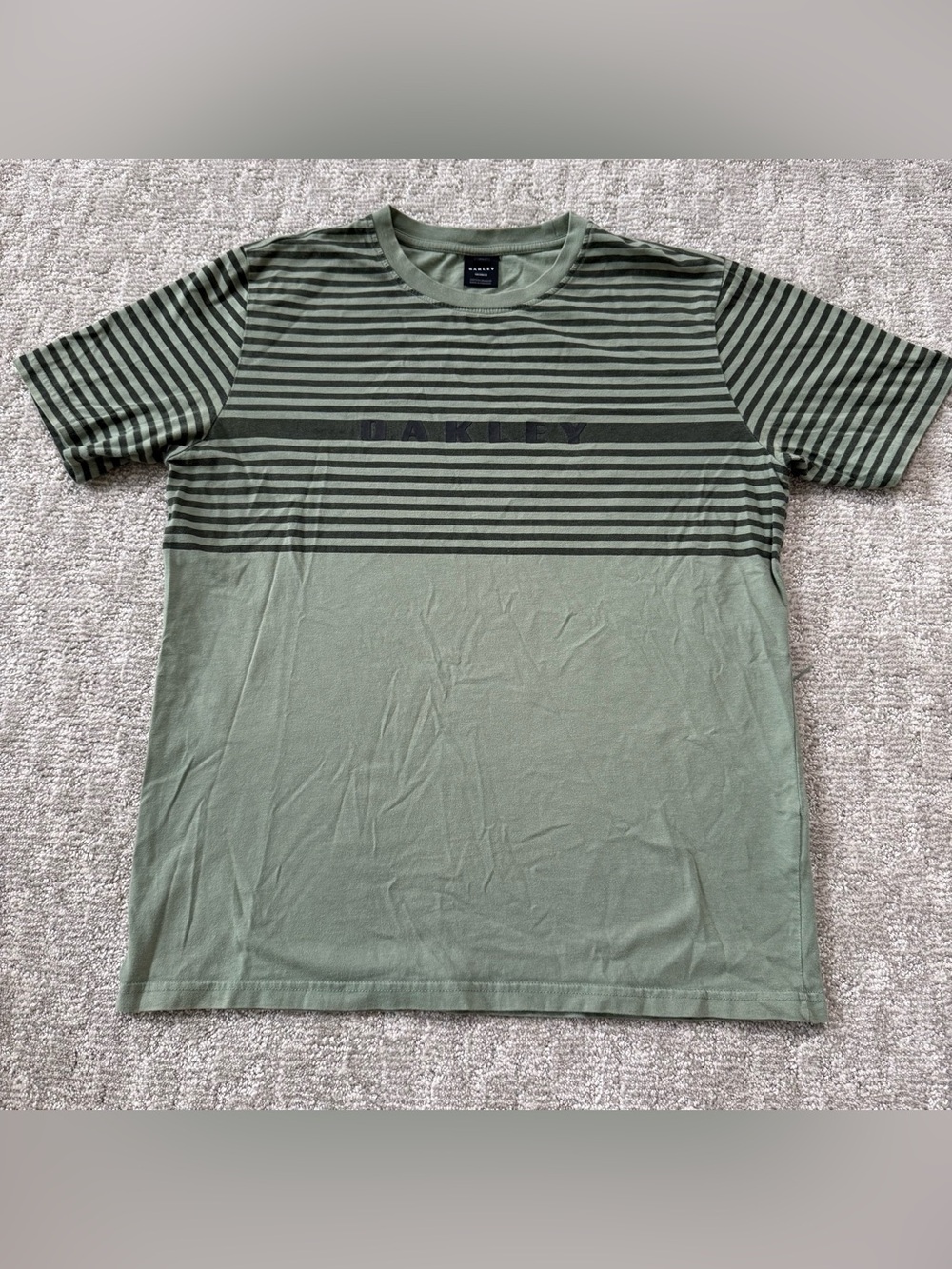 Oakley Men's Olive Green Striped Crew Tee with Dark Green Logo